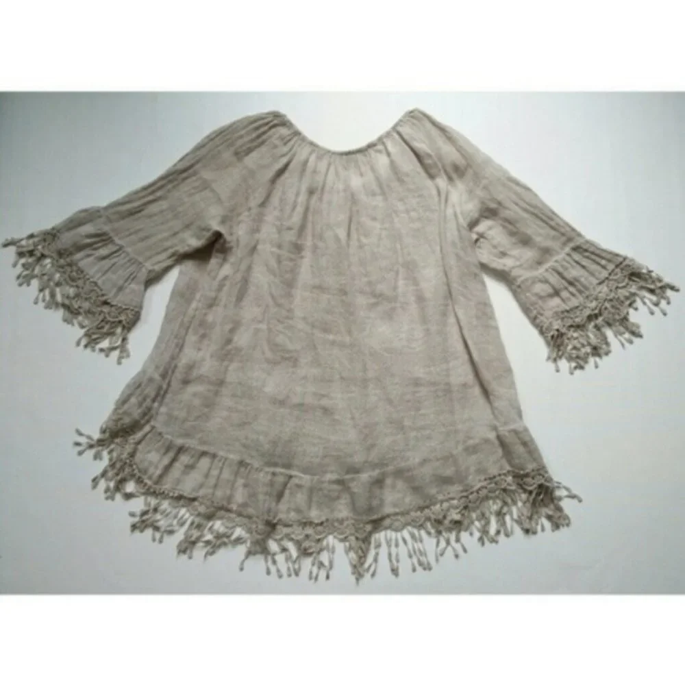 Linen Boho style blouse top lace top high low - Picture 12 of 16